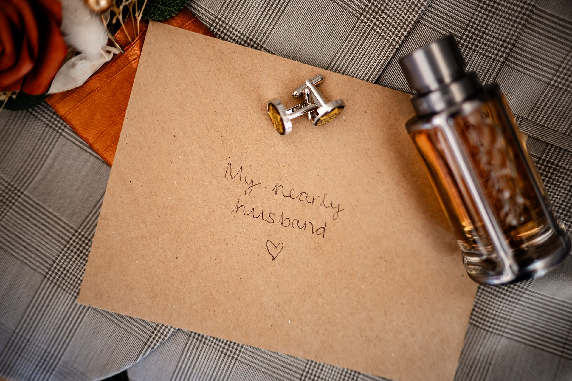 Envelope read "my nearly husband" with aftershave and orange buttonhole at The Dreys in Kent