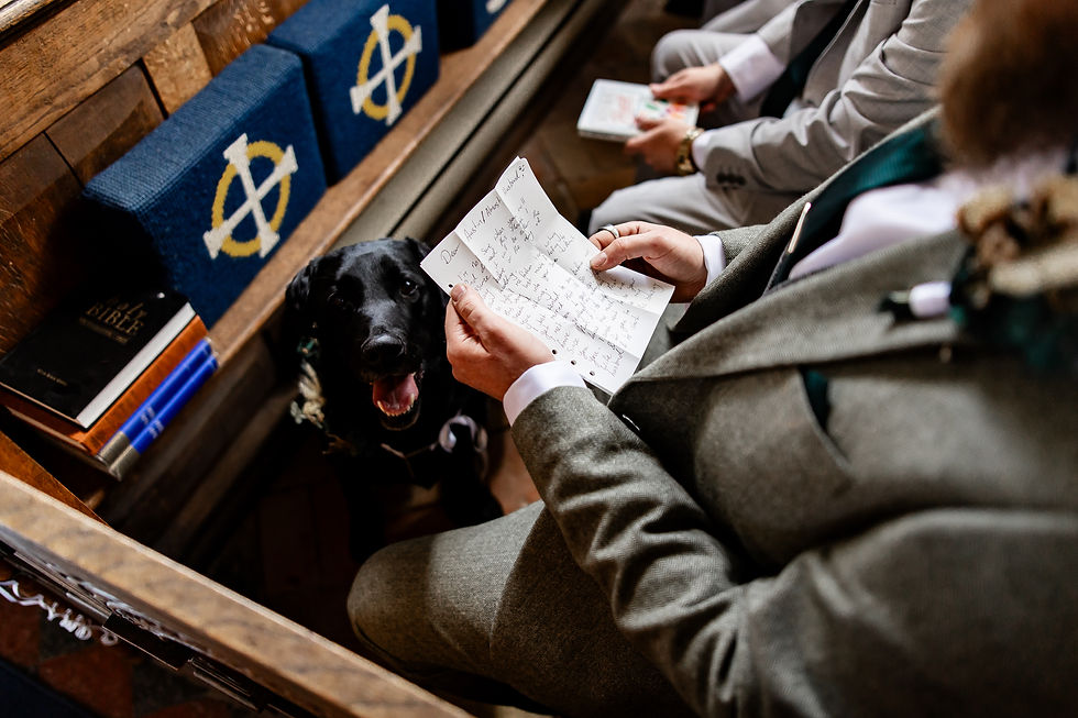 A black Labrador waits in the church pews for his Mum on her wedding day in Downham Market, Norfolk while the groom reads a letter from the bride