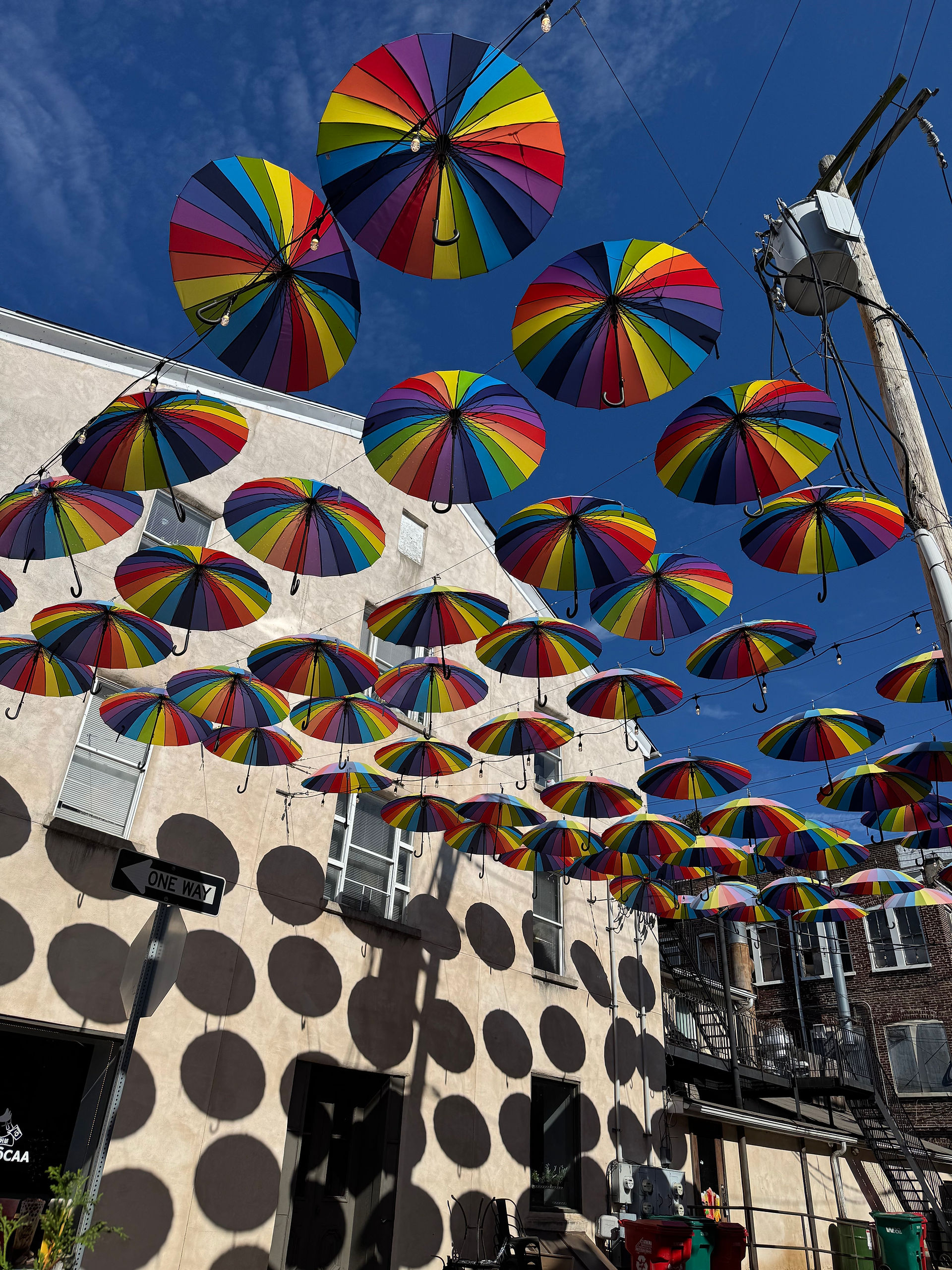 The floating umbrella art installation on Gay Street in Manayunk, Philadelphia.