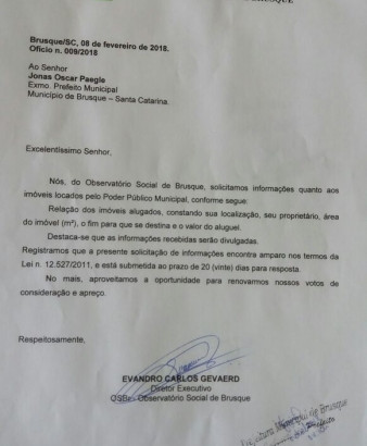 OSBr solicita informações sobre aluguel de imóveis pelas Prefeituras de Brusque e Guabiruba