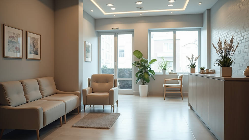 Eye-level view of a modern dental clinic reception area with comfortable seating