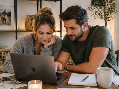 couple planning wedding together at home