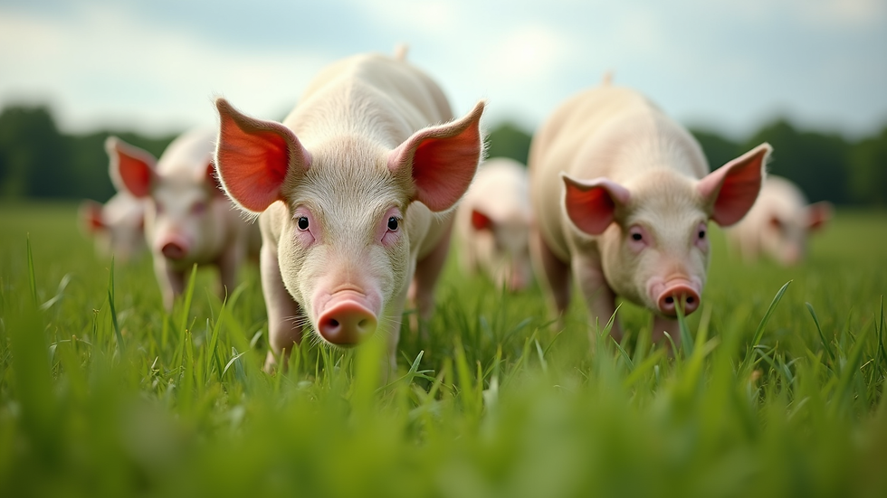 Eye-level view of healthy pigs grazing in a lush green field