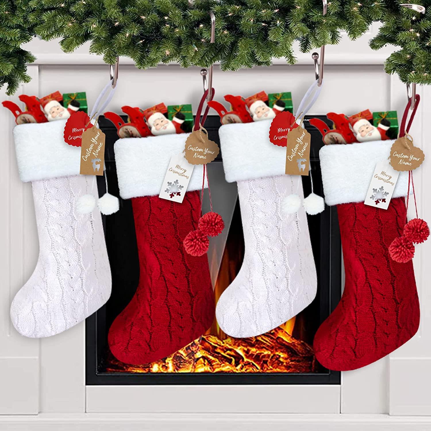 18" Cable Knit Christmas Stocking w/ Pompoms (Personalized)