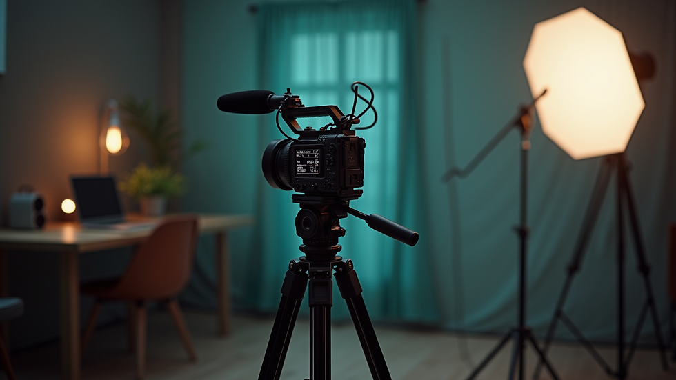 Eye-level view of a professional video camera on a tripod in a studio