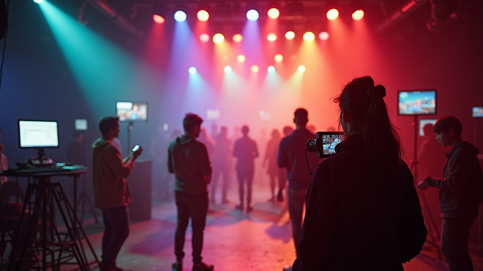 Eye-level view of a vibrant film set with colorful lights