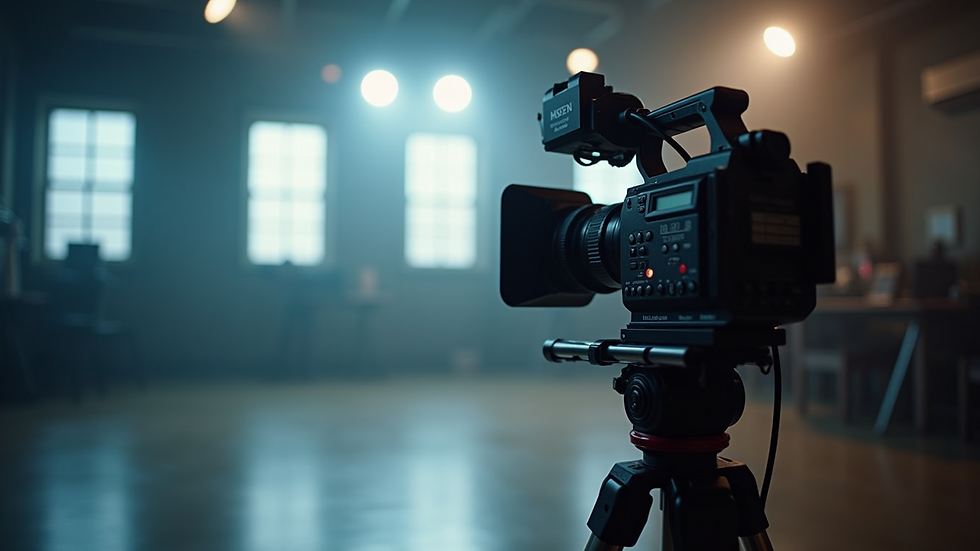 Close-up view of a video camera on a tripod in a studio