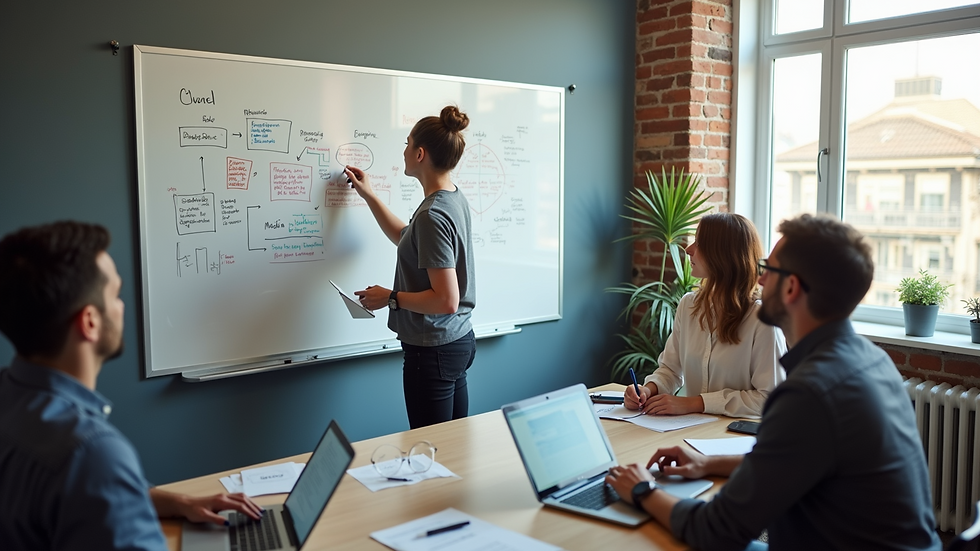 High angle view of a team brainstorming media campaign ideas on a whiteboard
