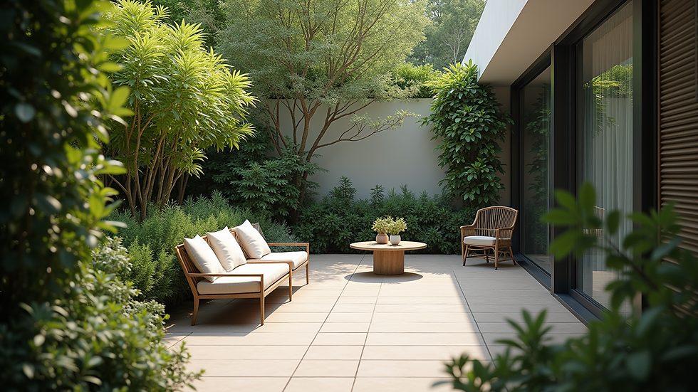 High angle view of a tranquil outdoor space with greenery and seating