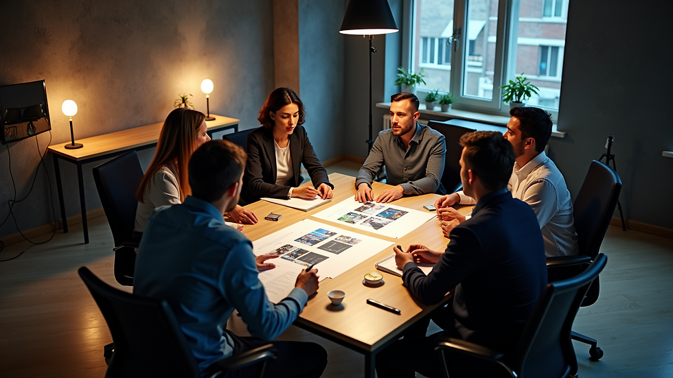 High angle view of a video production meeting with a client and crew discussing a storyboard
