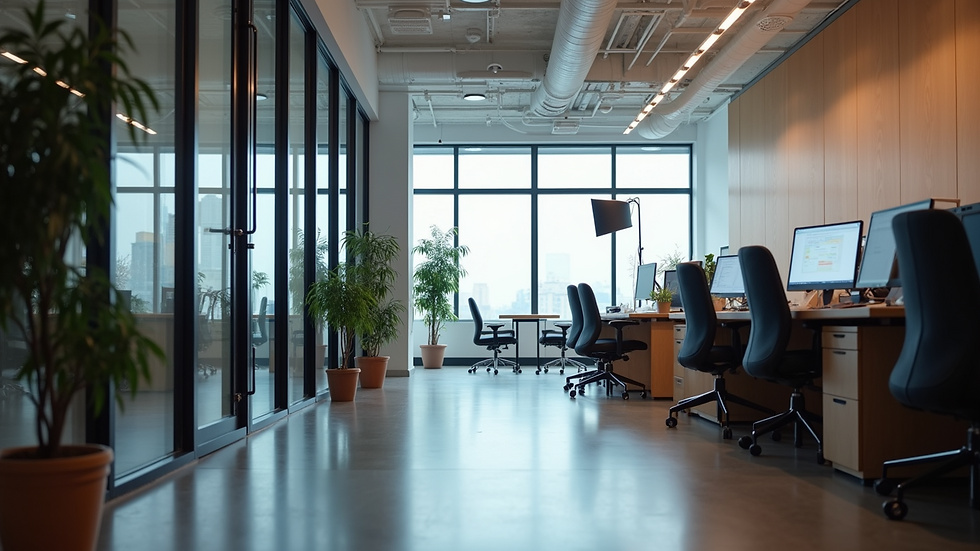 Eye-level view of a modern office with a video production set