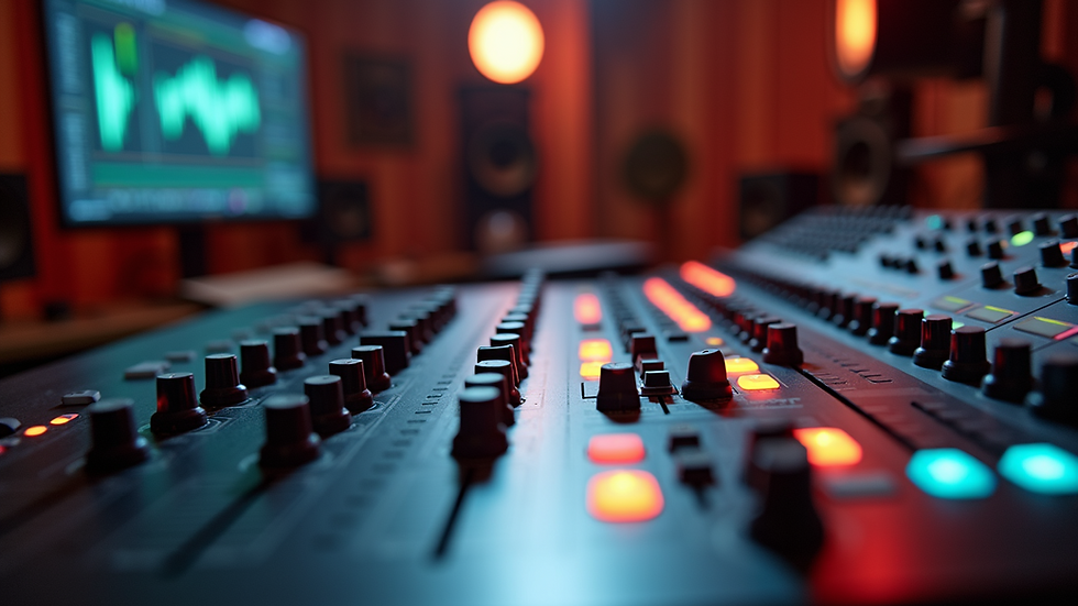 Eye-level view of audio mixing console