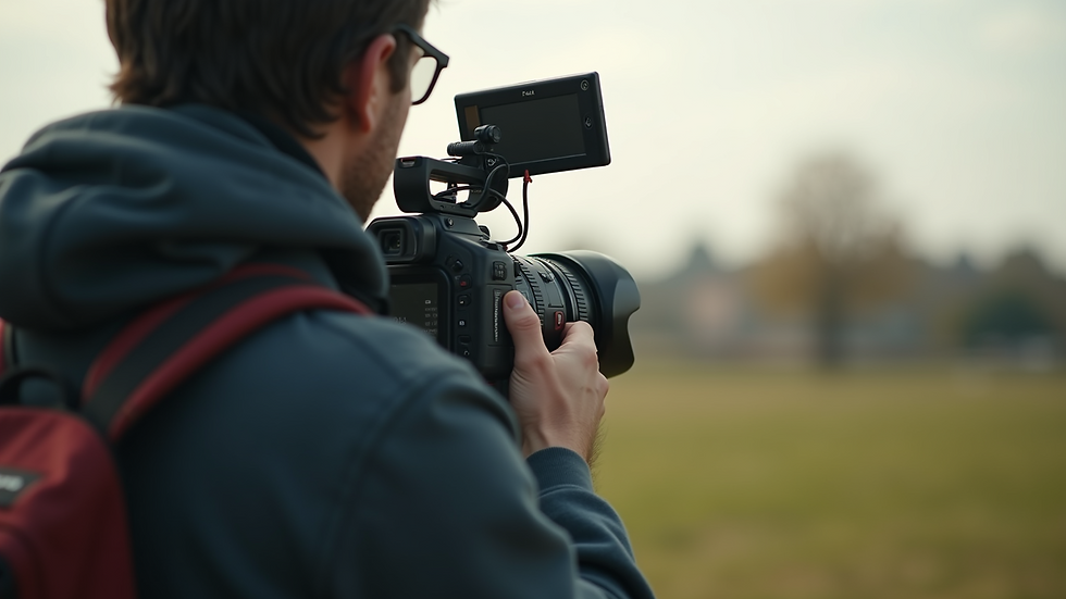 Eye-level view of a videographer capturing footage outdoors