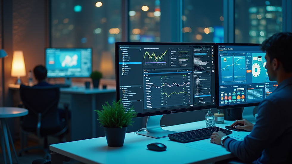 Eye-level view of a modern workspace with multiple screens showing media analytics