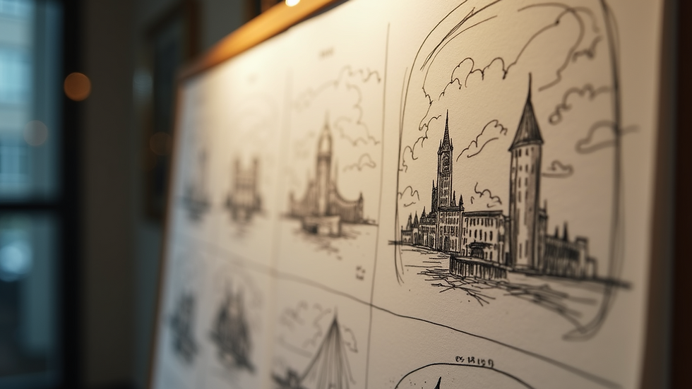 Close-up view of a storyboard with sketched scenes