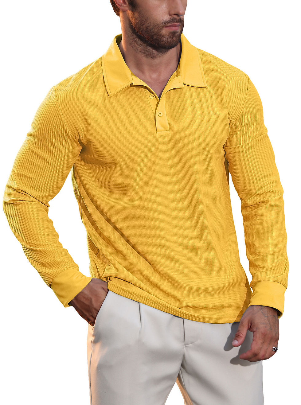 Thumbnail: Mens Waffle Collar Long Sleeve Polo Shirt