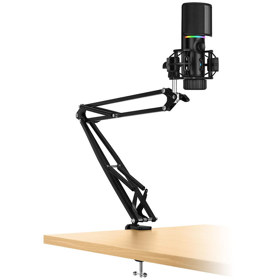 Black microphone arm mounted on desk