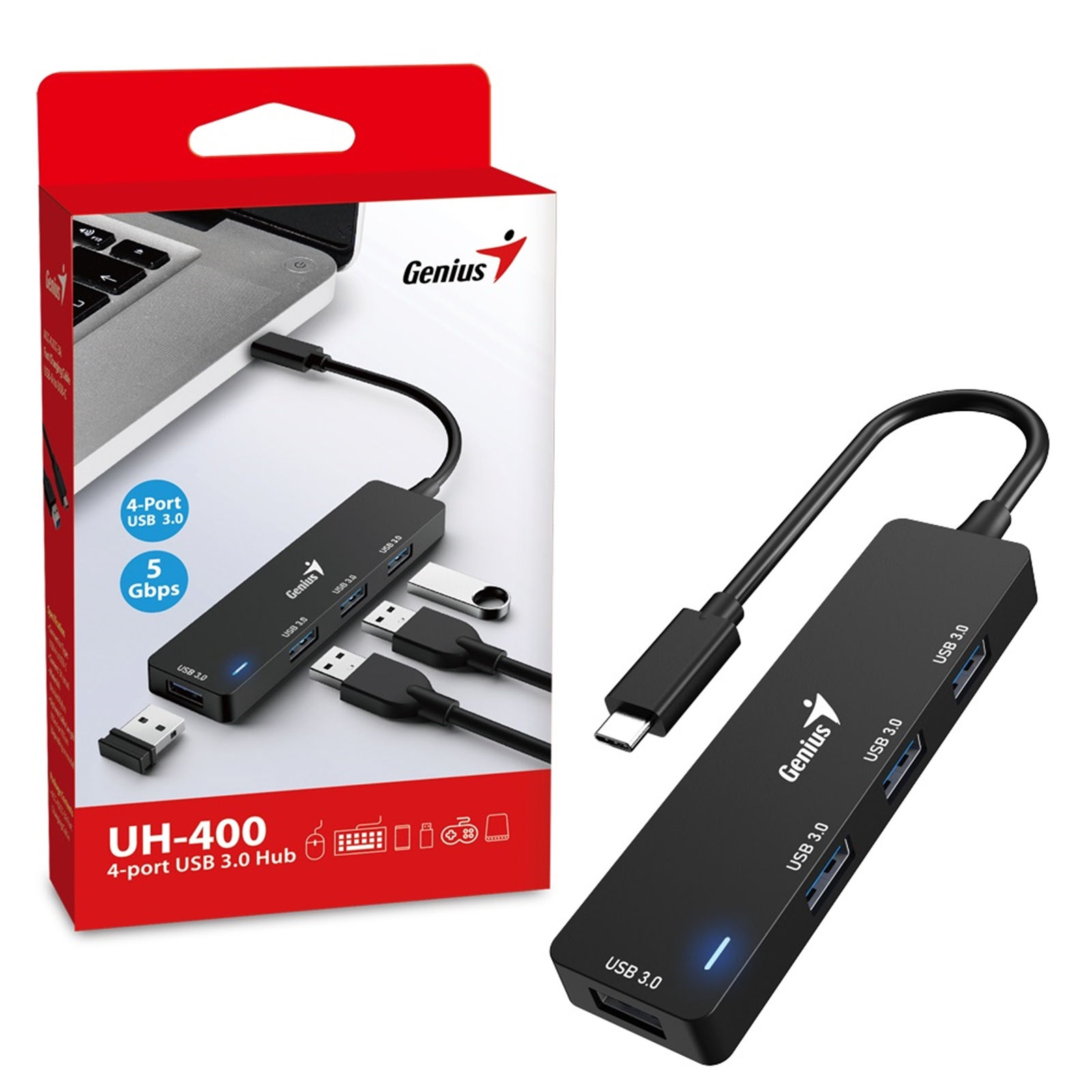 Genius 4 Port USB-C Hub, 4 x USB 3.0 Type-A (F) Ports, Plug and Play