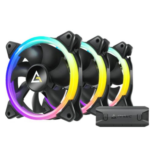 Three Antec Neon 120 ARGB PWM case fans with controller