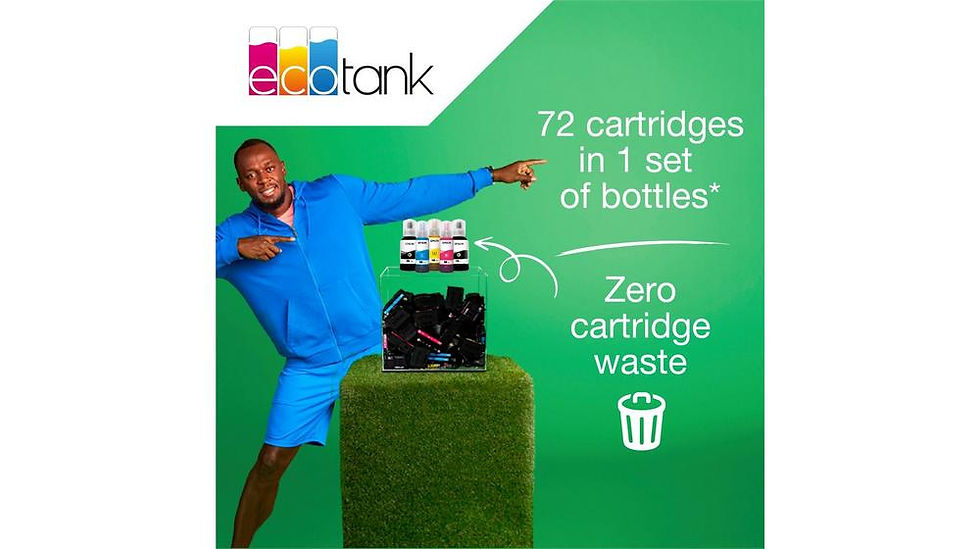 Thumbnail: Usain Bolt points to 72 ecoTank cartridges, zero cartridge waste
