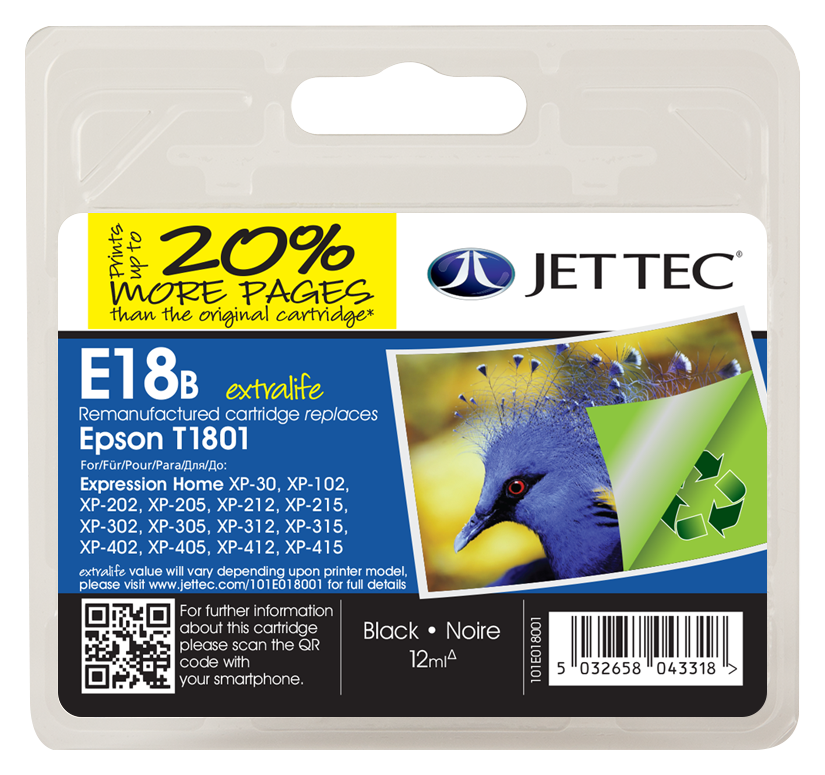 Thumbnail: JetTec E18b ink cartridge, 20% more pages than original, replaces Epson T1801