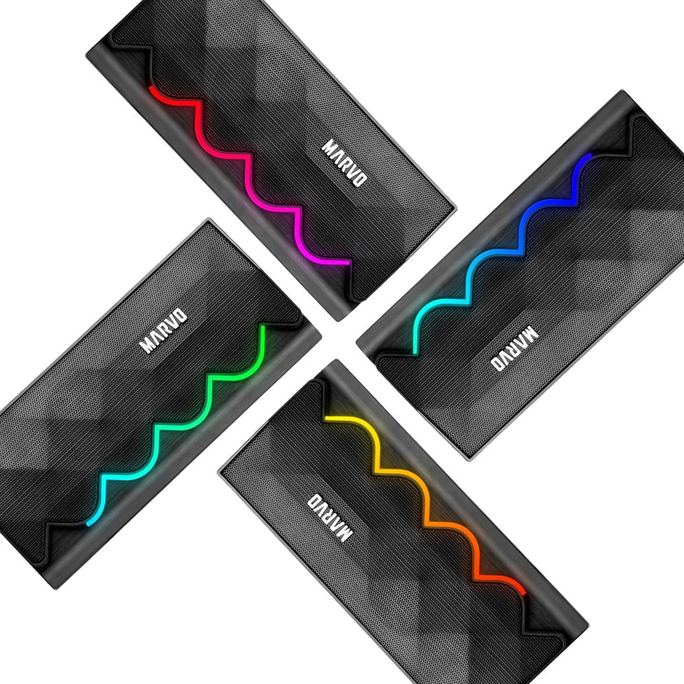 Thumbnail: Four black MAXXER Bluetooth speakers with colorful LED lights