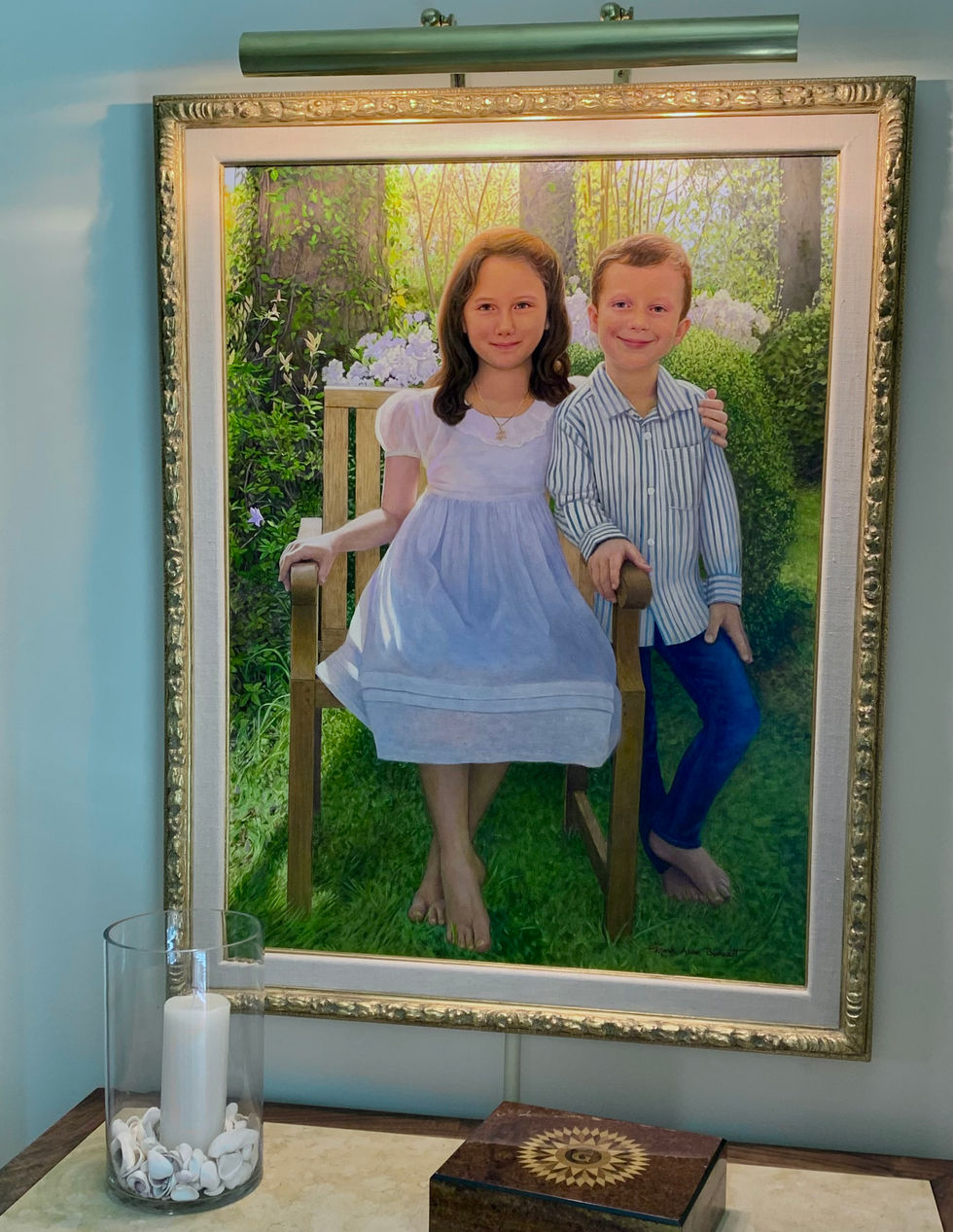 The 40 x 30" oil painting safely hung in their home
