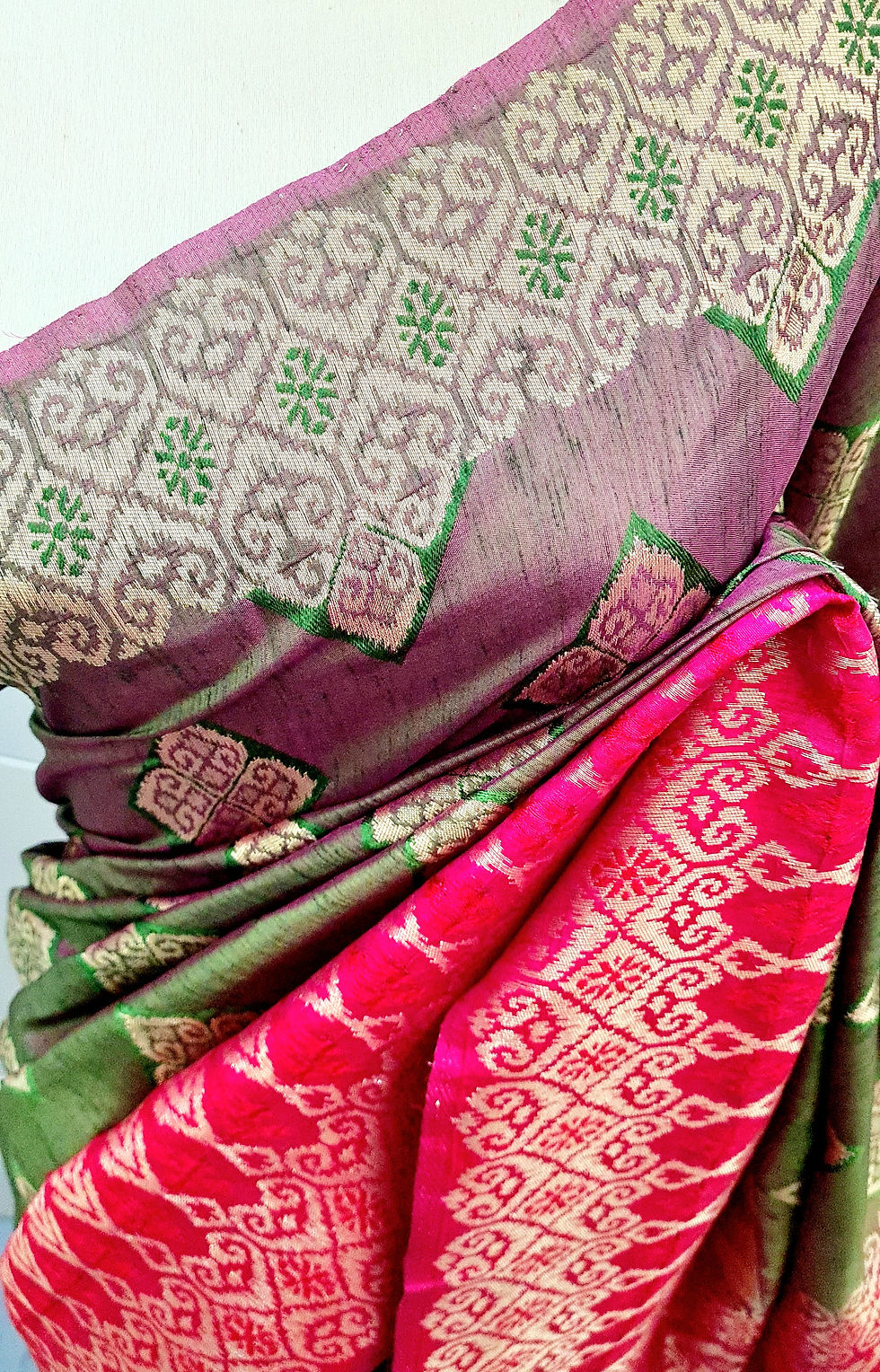 Thumbnail: Purplish Green Soft Linen Silk Saree Dual Tone with Wide Border.