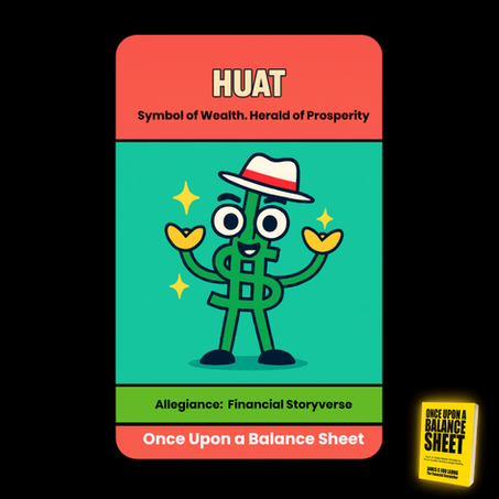 HUAT, the Symbol of Wealth and Herald of Prosperity from the Financial Storyverse™, stands smiling with golden ingot hands raised and sparkling around him. He wears a white fedora with a red band and has a dollar-shaped green body. The character card background is teal and red, with the text “Allegiance: Financial Storyverse” and “Once Upon a Balance Sheet” at the bottom.
