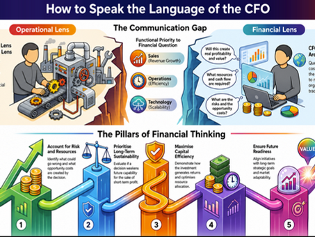 Infographic for James C Foo Leong’s article “How to Speak the Language of the CFO Without Becoming a Finance Expert.” The visual contrasts an operational lens with a financial lens, showing how functional priorities such as sales growth, operational efficiency and technology scalability can create communication gaps with CFO questions about profitability, cash flow, resources, risk and opportunity cost. The lower section presents five pillars of financial thinking: connecting purpose to consequence, accounting for risk and resources, prioritising long-term sustainability, maximising capital efficiency and ensuring future readiness. The infographic supports Financial Storytelling by helping non-finance leaders understand how business decisions affect financial outcomes.