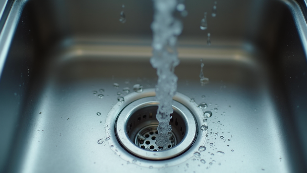 Close-up view of a kitchen sink drain with slow water flow