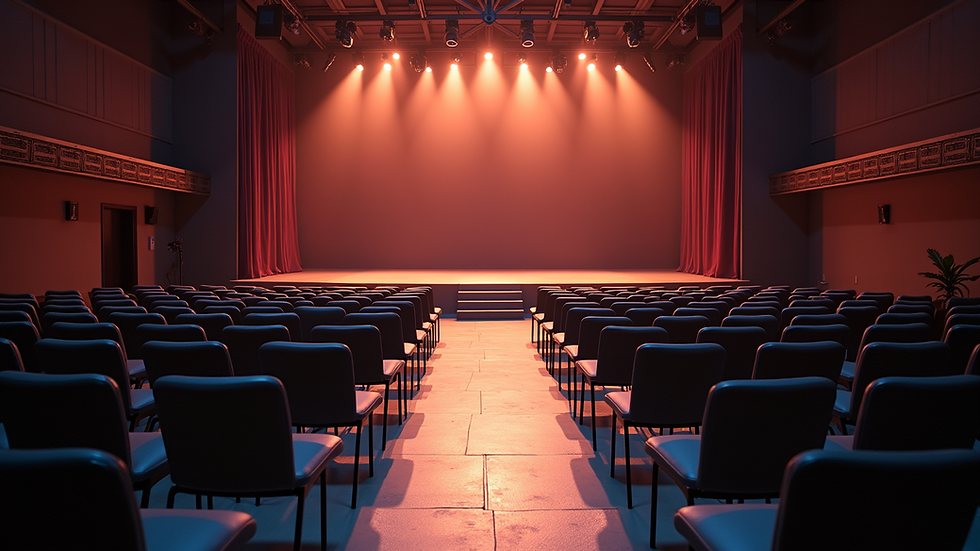 High angle view of a small event venue setup with chairs and stage