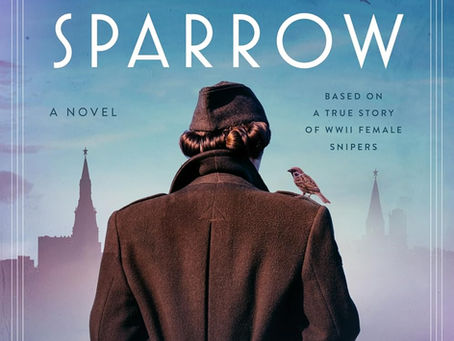 Against a hazy backdrop of Moscow and planes in flight, a young woman in a Red Army uniform is seen from the back, a sparrow perched on her right shoulder; cover of Shelly Sanders, The Night Sparrow