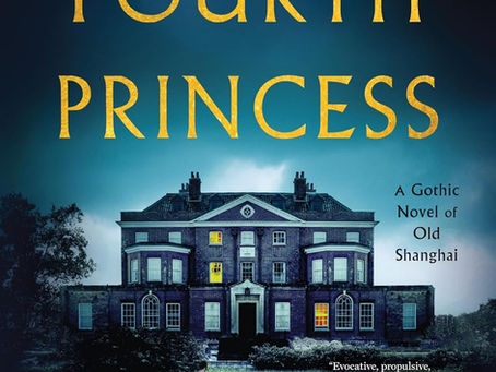 A young, dark-haired woman in a floor-length crimson gown stands in a garden, looking at a large gray mansion with only a few lighted windows; cover of Janie Chang's The Fourth Princess