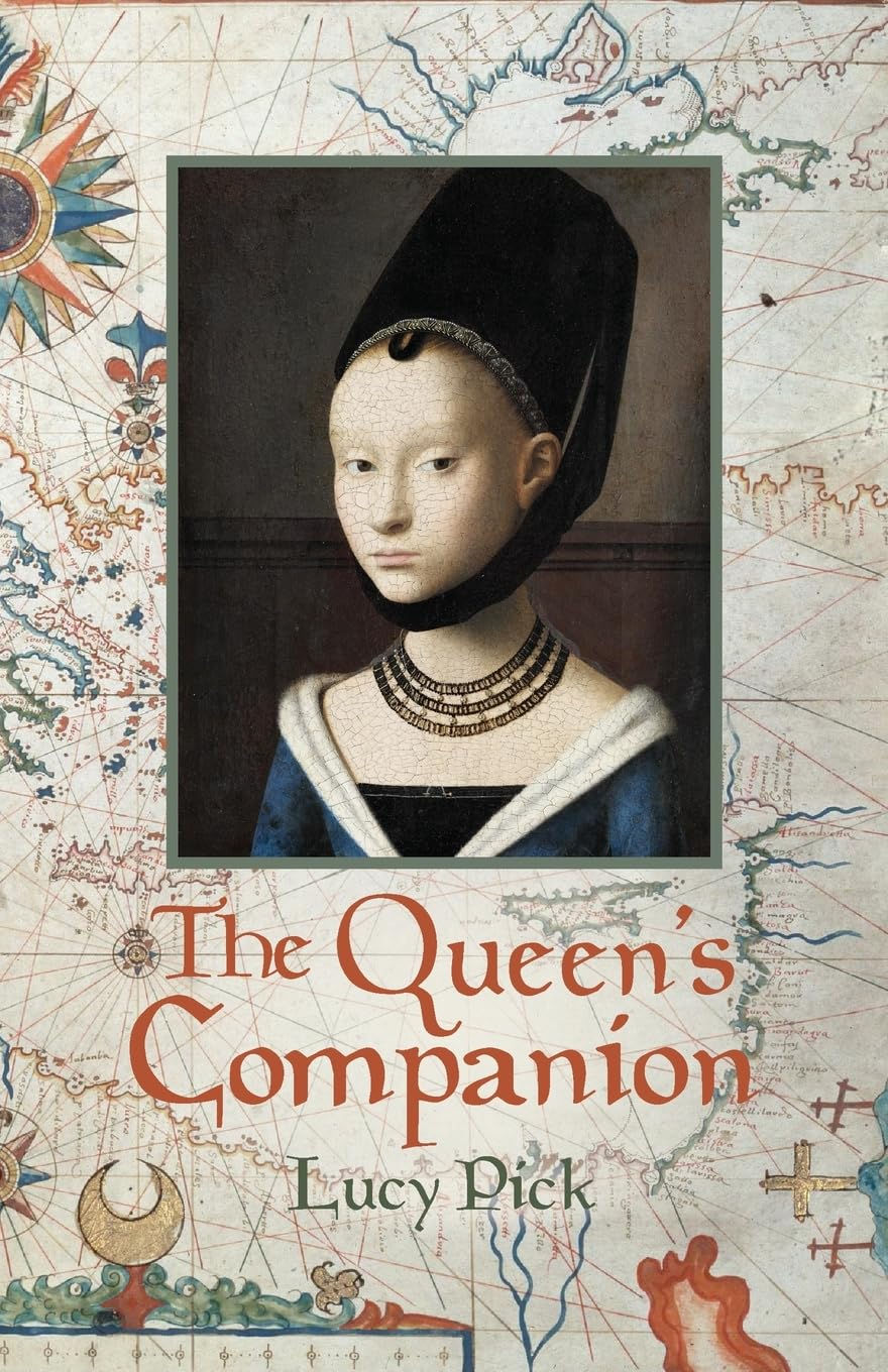 Against a medieval map of the Mediterranean, a portrait of a woman in a tall black hat that straps under her chin, wearing a necklace and twelfth-century blue satin dress looks off to one side; cover of Lucy Pick's The Queen's Companion