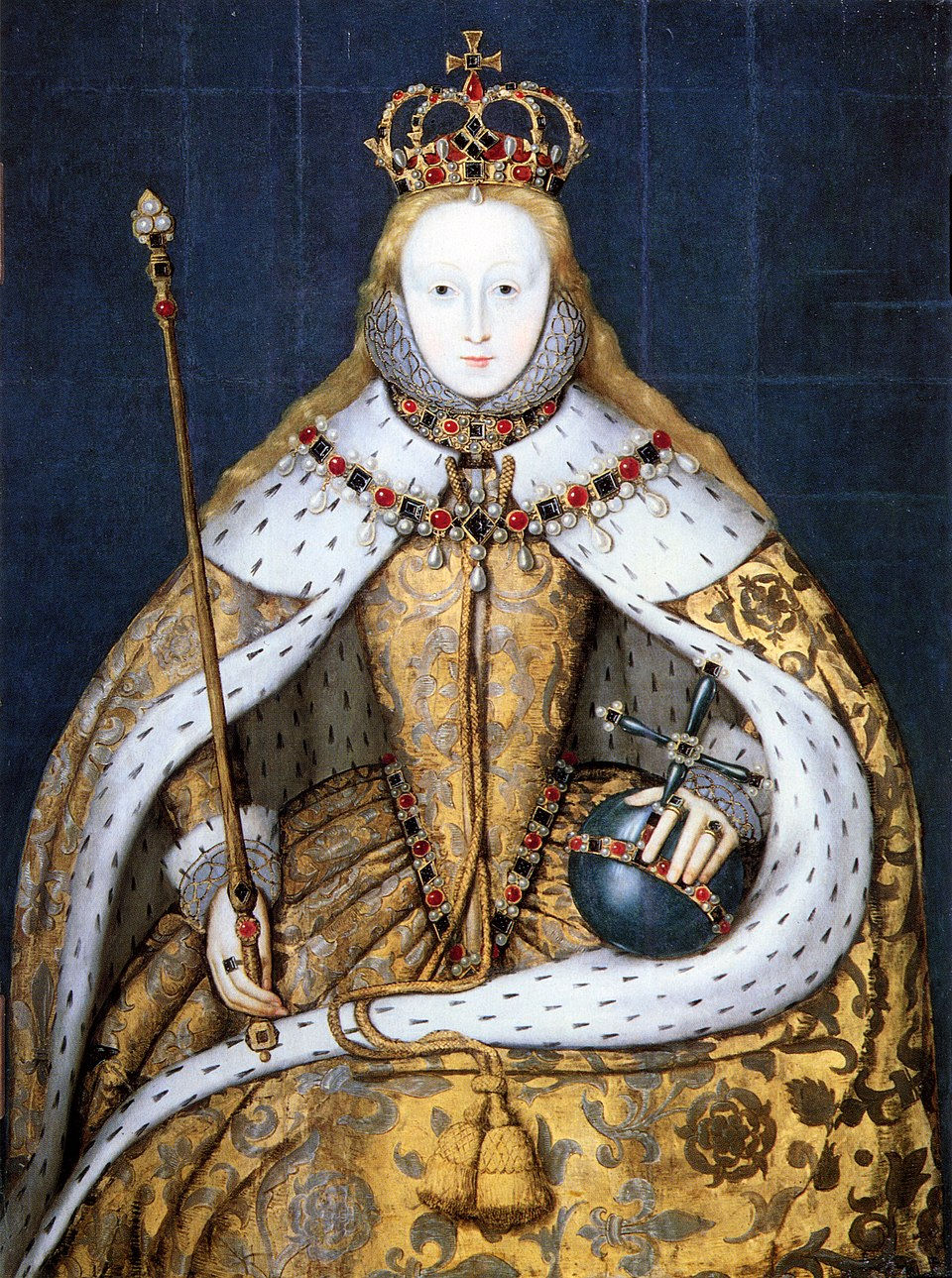 A young woman with long, unbound red-blonde hair and a white complexion, wearing full Tudor royal regalia and holding an orb and scepter; coronation portrait of Elizabeth I