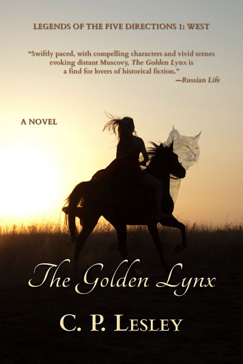 A woman on horseback, seen from the side, rides across shadowed grassland against a sunny background, with a shadowy lynx visible in the distance; cover of C. P. Lesley, The Golden Lynx