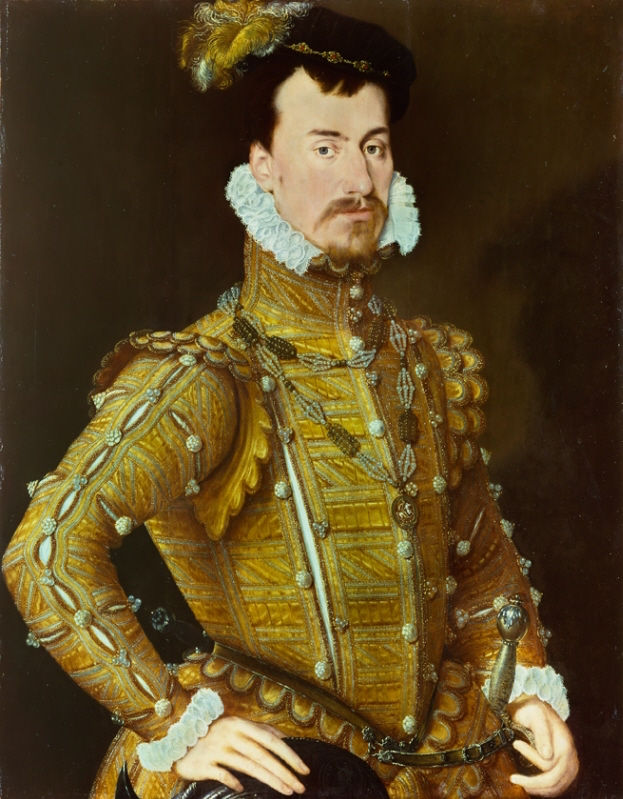 Portrait of a dark-haired young man dressed in gold, with a high Tudor ruff and a feathered hat; Robert Dudley ca. 1560