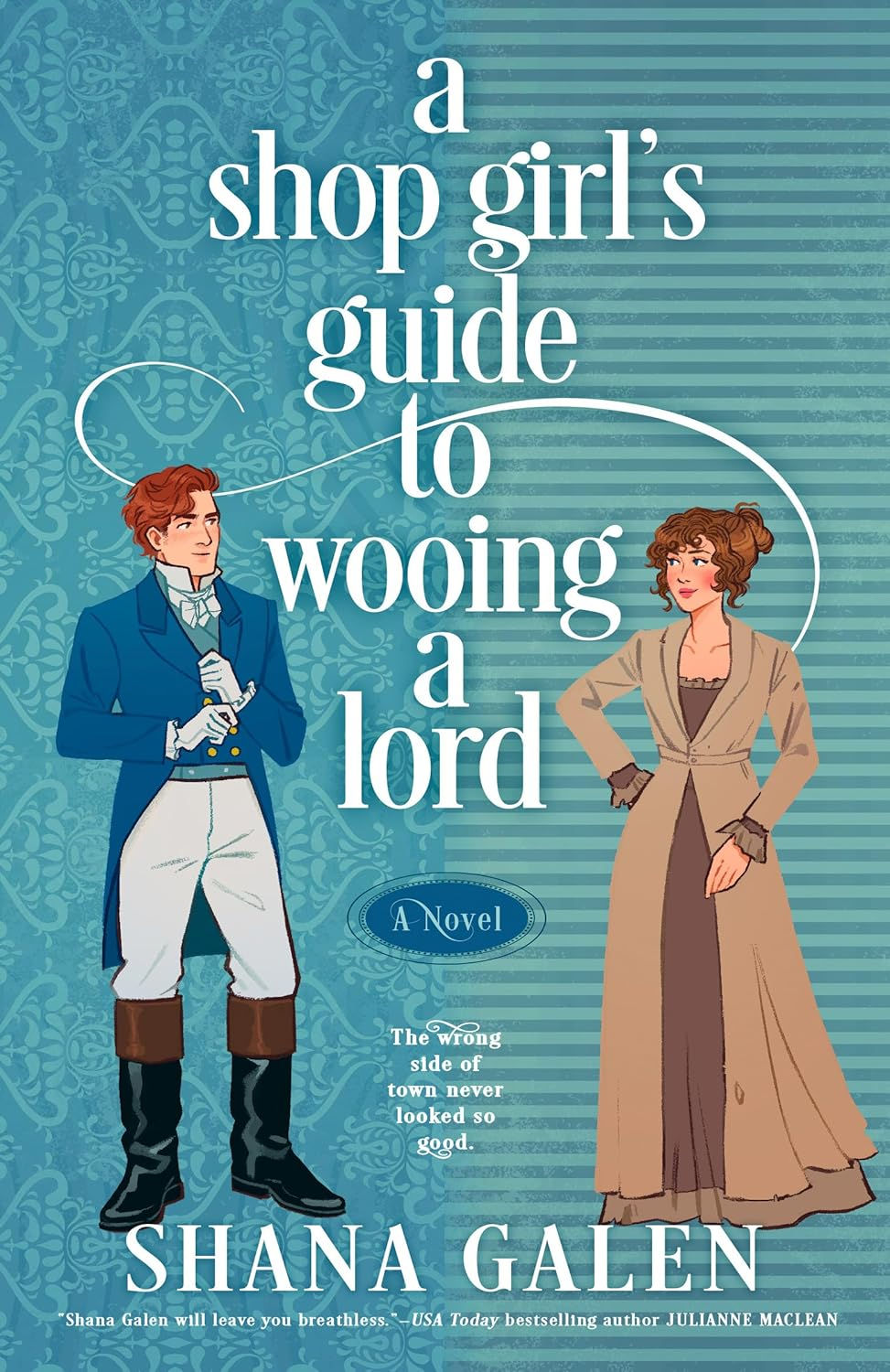 A redheaded man in Regency clothing, pictured against a paisley background stares at a woman in plain brown against a striped background; cover of Shana Galen's A Shop Girl's Guide to Wooing a Lord