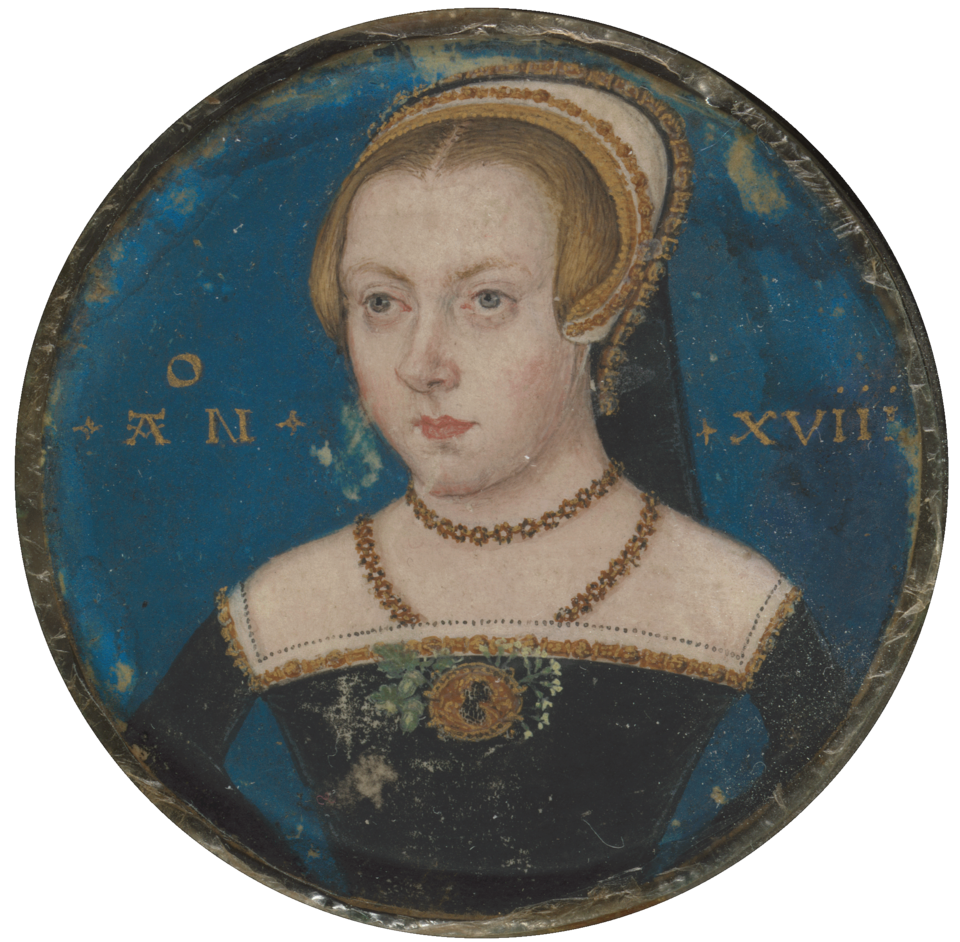Circular portrait of a blonde woman with blue eyes, wearing Tudor dress and double necklace, against a blue backdrop—now considered a possible portrait of Amy Robsart