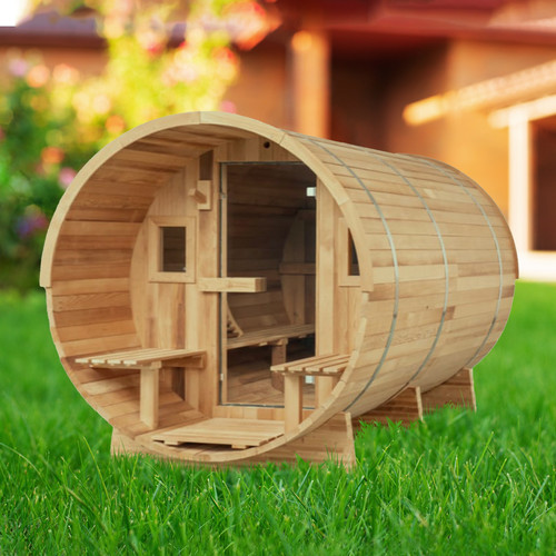 Outdoor Barrel Sauna with Porch 6 Person Four Season Decks