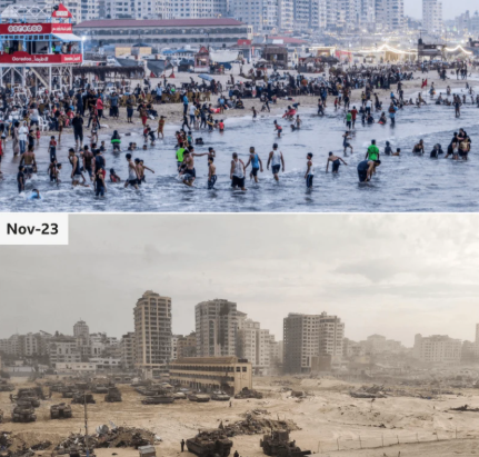Foto mostrando o contraste e destruição da Faixa de Gaza após a invasão por Israel