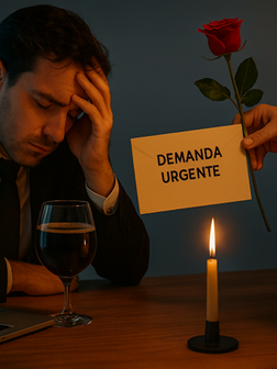 Imagem gerada por IA na qual um homem sentado a mesa com uma taça, um computador e uma pilha de papéis recebe uma rosa e um envelope escrito "Demanda Urgente"