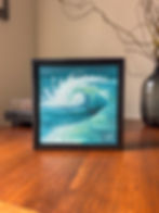 Original coastal oil painting of a breaking turquoise wave, 6x6 inches on gesso panel, framed and ready to hang.