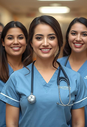 grupo de enfermeras y enfermeros con unifirmes azules y logo de symon nursing.jpg
