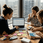 Content team reviews workflow calendar together