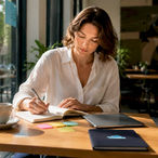 Woman planning marketing funnel at home