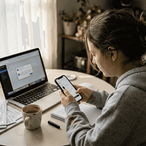 Woman shopping on social media at kitchen table