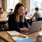 SaaS marketing manager working in open-plan office