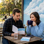 People in café reviewing ratings and chatting